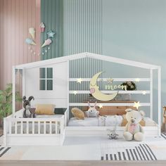 a child's room decorated in pastel colors with teddy bears on the bed