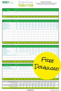 the free printable cash flow sheet is shown in green and white with yellow circle