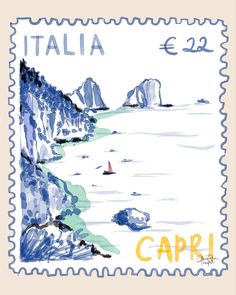 a stamp with an image of the ocean and mountains on it's back side