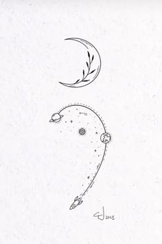 an ink drawing of a crescent and a star