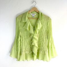 Vintage 90s Green Ruffle Lace Wide Sleeve Textured Babydoll Blouse Shirt  Button closure, has a collar and 3/4 sleeves. Textured, lightweight semi sheer material.  Brand - Allison Taylor  Tag size - Medium Seen on size Small Measurements (laying flat) Chest - 18 in Length - 23 in #fairygrunge #whimsygoth #greenblouse #ruffle #babydollshirt Green 3/4 Sleeve Shirt For Spring, Spring Green Ruffled Shirt, Vintage Fitted 3/4 Sleeve Tops, Fitted 3/4 Sleeve Spring Shirt, Fitted Shirt With 3/4 Sleeves For Spring, Babydoll Shirt, Amarillo Tx, Babydoll Blouse, Sheer Material