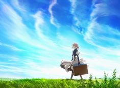 a woman walking across a lush green field under a blue sky with clouds in the background