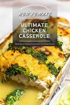 chicken casserole with broccoli and cheese in a baking pan on a table