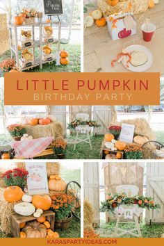 little pumpkin birthday party with hay and pumpkins