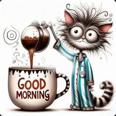 a cat is pouring coffee into a cup with the words good morning written on it