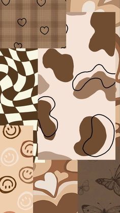 a collage of different patterns with hearts and butterflies on them in shades of brown, pink, beige and white