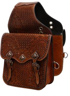 Showman ® Tooled leather saddle bag with antique copper hardware. This saddle bag features oak leaf and basket weave tooling and comes equipped with front D rings. Bag measures 10" x 10" x 3" with a 4" gusset. Saddle Bags Horse, Leather Working Patterns, Motorcycle Saddlebags, Tooling Patterns, Saddle Accessories, Copper Hardware, Southern Pride, Horse Things, Motorcycle Bag