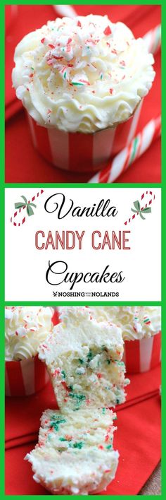 vanilla candy cane cupcakes with white frosting and sprinkles on top