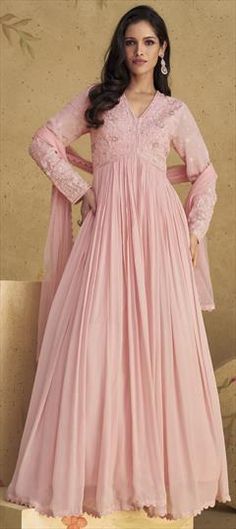 Pink and Majenta color Gown in Georgette, Silk fabric with Embroidered, Resham, Sequence, Thread work Embroidered Floor-length Banquet Gown, Floor-length Lace Work Dress For Reception, Pink Ceremony Dress With Intricate Embroidery, Pink Georgette Wedding Gown, Anarkali Floor-length Ceremony Dress, Anarkali Floor-length Dress For Ceremony, Anarkali Gown With Lace Work For Reception, Traditional Embroidered Gown For Banquets, Traditional Embroidered Gown For Banquet