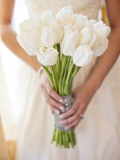 a bride holding a bouquet of white tulips