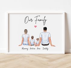 a family portrait with the words, our family on it and two children sitting in front of them