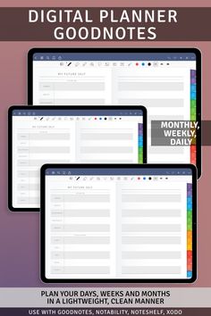 the digital goal planner is displayed on three tablets with text overlays that reads,'enjoy the simility and achieve more use of