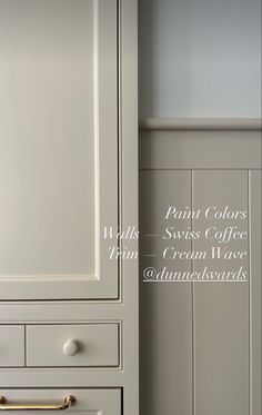 a white cabinet with gold handles and knobs in a room that is painted gray