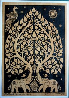 an intricately designed tree with elephants and birds in the center, on a blue background