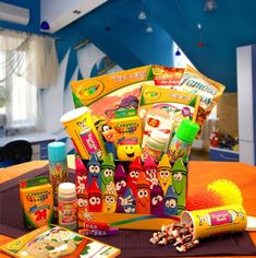 the gift box is filled with toys and snacks for children to enjoy in their own home