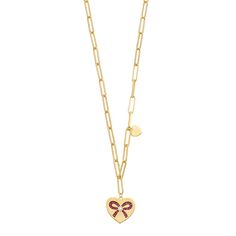 Add a touch of vintage sweetness to your jewelry collection with this 14k gold plated necklace, featuring a darling cubic zirconia bow on a gold plated heart pendant. Add a touch of vintage sweetness to your jewelry collection with this 14k gold plated necklace, featuring a darling cubic zirconia bow on a gold plated heart pendant. Metal: sterling silver Chain length: 16 in. with 2-in. extender Pendant length: 0.66 in. Packaging: boxed Plating: 14k gold Finish: polished Clasp: spring ring Chain Luxury Charm Necklaces With Cable Chain For Gift, Luxury Charm Necklace With Cable Chain As A Gift, Luxury Cable Chain Charm Necklace As Gift, Luxury Cable Chain Charm Necklace, Elegant Gold-tone Charm Necklaces For Valentine's Day, Elegant Gold-tone Charm Necklace For Valentine's Day, Valentine's Day Gift Charm Necklace With Paperclip Chain, Valentine's Day Gift Paperclip Chain Jewelry, Anniversary Charm Necklace With Paperclip Chain