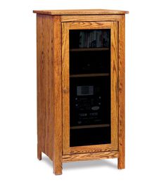 a wooden entertainment center with two shelves and a dvd player in the bottom shelf, on an isolated white background