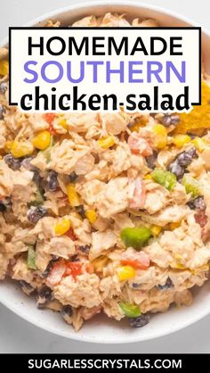 a bowl full of chicken salad with the words homemade southern chicken salad above it and below