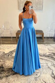 Blue Strappy Back Prom Dress, Spaghetti Strap Evening Dress For Prom With Satin Finish, Satin Prom Gown With Lace-up Back, Blue Satin Dress For Debutante Ball, Blue Backless Satin Prom Dress, Satin Prom Dress With Corset Back, Satin Gown With Spaghetti Straps For Prom, Satin Dress With Corset Back For Prom, Blue Satin Bridesmaid Dress For Prom Season