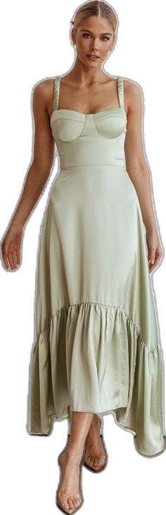 Sage Midi-length Summer Dress, Sage Midi Length Summer Dress, Chic Sage Midi Dress For Spring, Sage Midi Dress For Summer, Elegant Light Green Midi Dress For Summer, Chic Fitted Light Green Midi Dress, Fitted Light Green Midi Dress, Chic Light Green Midi Dress For Spring, Green A-line Midi Dress With Ruffle Hem