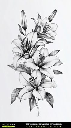 black and white drawing of lilies on a white background with the words tattoo bulls