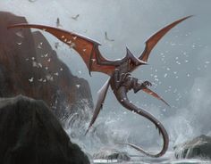 a dragon flying over the ocean next to a rocky shore with seagulls around it