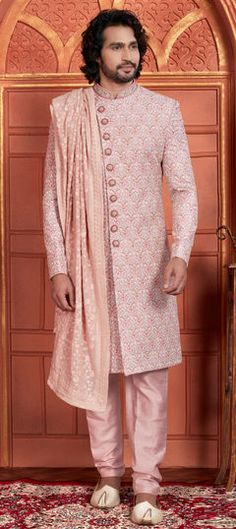 Pink and Majenta color Sherwani in Faux Georgette fabric with Bugle Beads, Cut Dana, Embroidered, Sequence, Thread work Luxury Pink Sherwani With Dupatta, Pink Sherwani, Engagement Reception, Reception Lehenga, Wedding Sherwani, Wedding Pink, Georgette Fabric, Bugle Beads, Stone Work