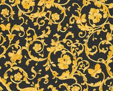 Classic Scrollwork Damask Butterflies Textured Wallpaper in Black/Gold Versace Pattern, Versace Wallpaper, Motif Baroque, Luxurious Wallpaper, Wallpaper Gold, Paintable Wallpaper, Wallpaper For Sale, Gold Baroque, Baroque Pattern