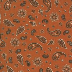 an orange and brown paisley print fabric with small flowers on it's side,