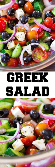 greek salad with tomatoes, cucumbers, olives and feta cheese on top