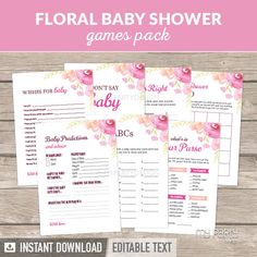 floral baby shower games pack with pink flowers