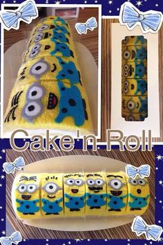 the cake is decorated with yellow and blue decorations