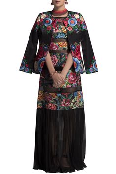 This vibrant and stylish front open short jacket features floral embroidery. Team up with maxi dresses for the best look. - Aza Fashions Ladies Short Jackets, Embroidered Neckline, Jacket For Women, Embroidered Jacket, Jackets Online, Short Jacket, Black Jacket, Aza Fashion, Wearing Dress