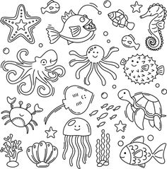 Doodle happy underwater animals collection Ocean Drawing Underwater, Underwater Doodles, Under Water Drawing, Under The Sea Drawings, Animals Underwater, Ocean Art Projects