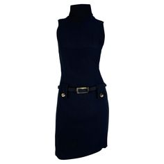 From the 1990s, this black Paco Rabanne Bond girl-style sleeveless mini dress features a mock neck. The dress is made complete with belt loops and a built-in belt. Each belt loop is secured with a faux tortoiseshell button, perfectly matching the rectangular belt buckle. Approximate measurements: Size - 38FR Bust: 32 - 34" Waist: 28" Hips: 36 - 38" Shoulder to hem: 33" 71% acetate, 29% viscose Black Fashion Dress, Paco Rabanne Dress, Bond Girl, Fashion Sketchbook, Belt Dress, The 1990s, Dress With Belt, Paco Rabanne, Work Wardrobe