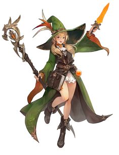 a woman dressed as a witch holding a wand and wearing a green hat with horns