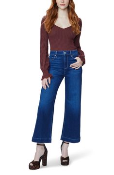 Easy to style up or down, these bright-indigo jeans are cut from PAIGE Vintage stretch denim with an ultrahigh waist, relaxed wide legs and ankle-grazing hems. 27" inseam; 22 1/2" leg opening; 11 1/2" front rise 93% cotton, 5% polyester, 2% spandex Machine wash, line dry Imported Dream Weaver, Contemporary Wardrobe, Indigo Jeans, Cropped Wide Leg Jeans, Denim Patterns, Relaxed Jeans, Paige Jeans, Wide Legs, Vintage Jeans