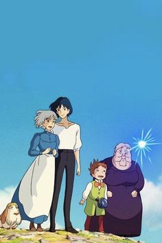 an anime family standing on top of a hill with the sky in the back ground