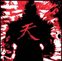 the silhouette of a man with red paint on it's face and arms, in front of a black background