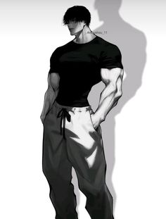 a drawing of a man in black shirt and pants with his hands on his hips