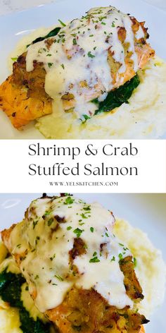 shrimp and crab stuffed salmon served on mashed potatoes with gravy over them