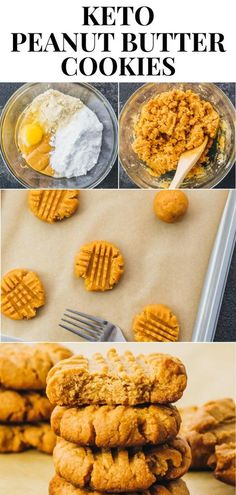 keto peanut butter cookies are stacked on top of each other and ready to be eaten