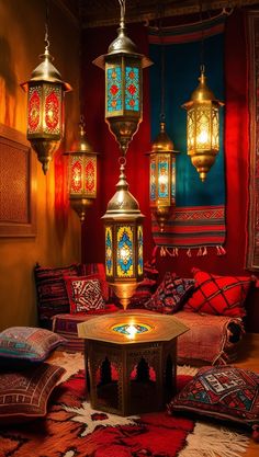 a living room filled with lots of colorful pillows and hanging lights over the couches