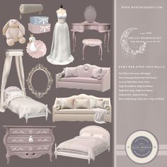 an image of a bedroom set with furniture and accessories in pastel pinks, lavenders and browns