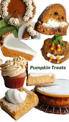 there are many different types of pumpkin treats on this page, including cakes and pies