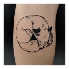 a black and white drawing of a dog curled up in a circle on the leg