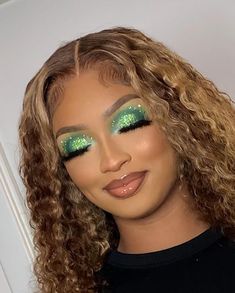 Emerald Green Eyeshadow Looks For Prom, Esmeralda Green Makeup, Green Prom Eye Makeup, Jade Green Makeup Looks, Emerald Green Rhinestone Makeup, Emerald Eye Makeup For Prom, Dark Green Hoco Makeup, Green Eyeshadow Looks For Prom, Green And Silver Prom Makeup