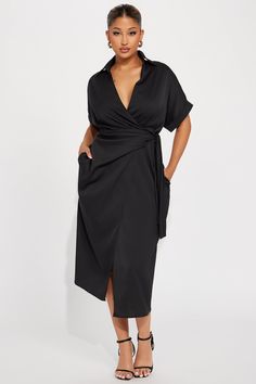 Lucy Midi Wrap Dress - Black | Fashion Nova, Dresses | Fashion Nova Mid Size Business Casual, Smart Casual Dresses, White Midi Wrap Dress, Dress Elegant Classy, Wrap Dress Outfit, Plus Size Black Dress, Summer Wrap Dress, Plus Size Black Dresses, Smart Casual Dress