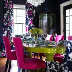 Daring den with fuchsia chairs and zesty lime green coffee table Colorful Maximalist Dining Room, Artisan Interior Design, Pink And Black Dining Room, Electric Dining Room, Jewel Tone Dining Room, Colorful Dining Room Ideas, Airbnb Bedrooms, Apartment Improvement, Dopamine Decorating