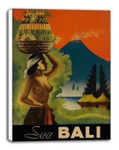 a woman carrying a basket on her head in front of a mountain and lake with the words see bali